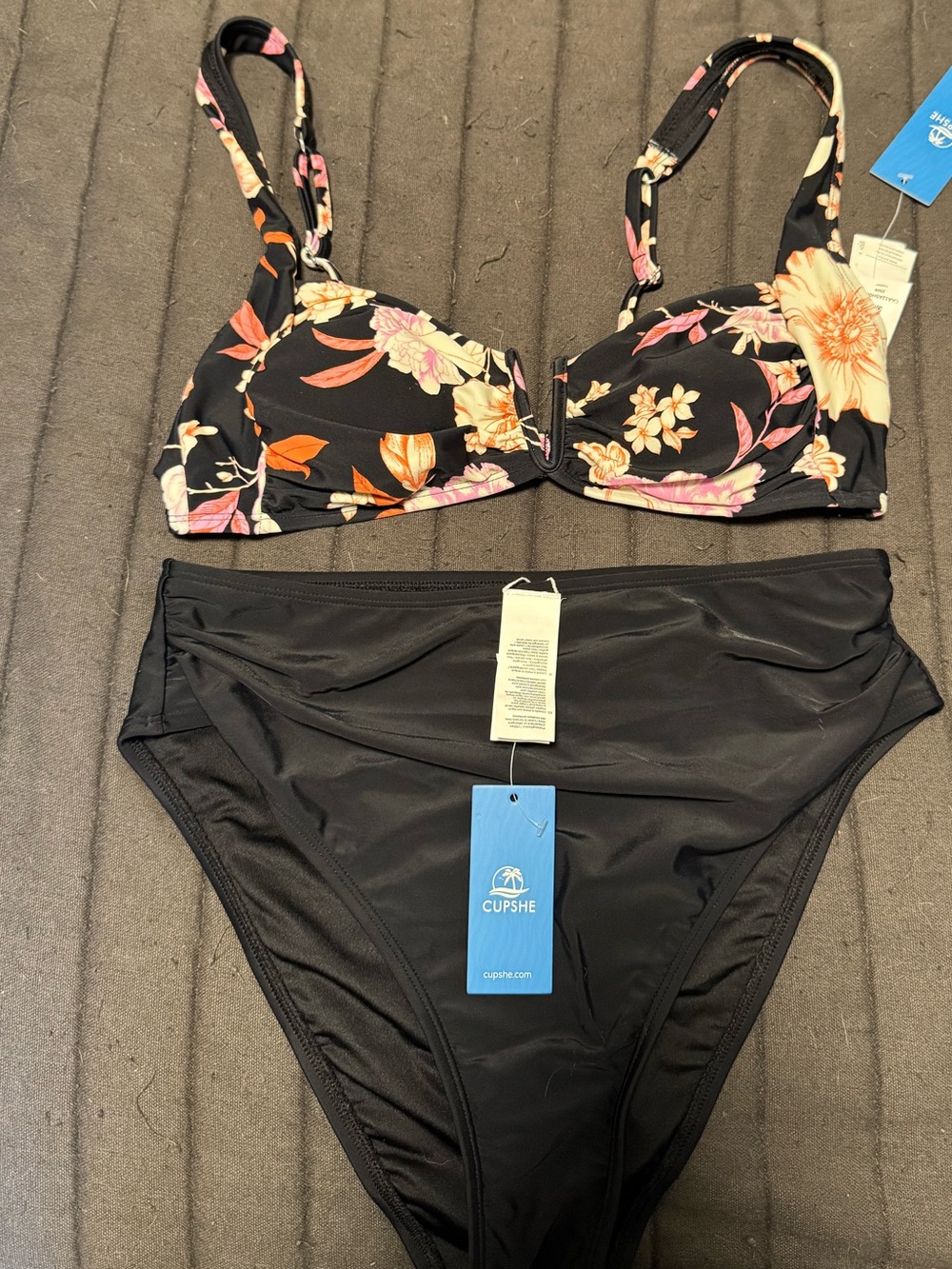 Black Floral Bikini Set - Floral Top with Black High Waist Bottoms